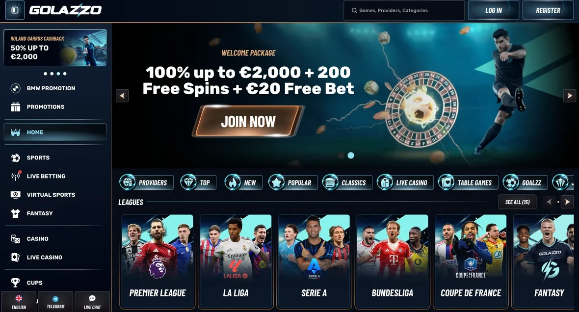 Naslovnica Golazzo Casina s bannerom «Welcome package — 100% up to €2,000 + 200 Free Spins + €20 Free Bet» (snimka sučelja na engleskom)